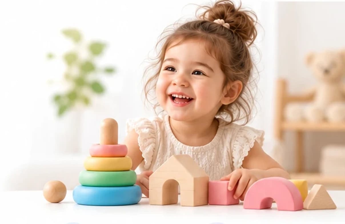 Smiling toddler playing with pastel wooden stacking toys